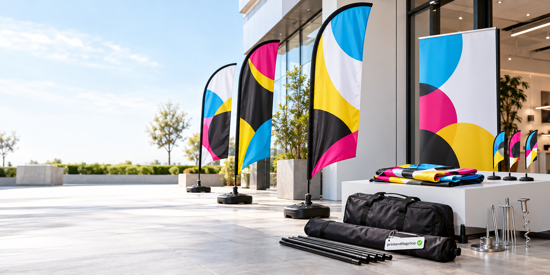 Printed teardrop flags, feather flags, banner hardware, folded fabric, poles, bases, and carry bags